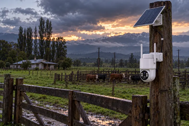 Cámara solar 4G en un poste de madera junto al corral de un campo del Maule después de una tormenta