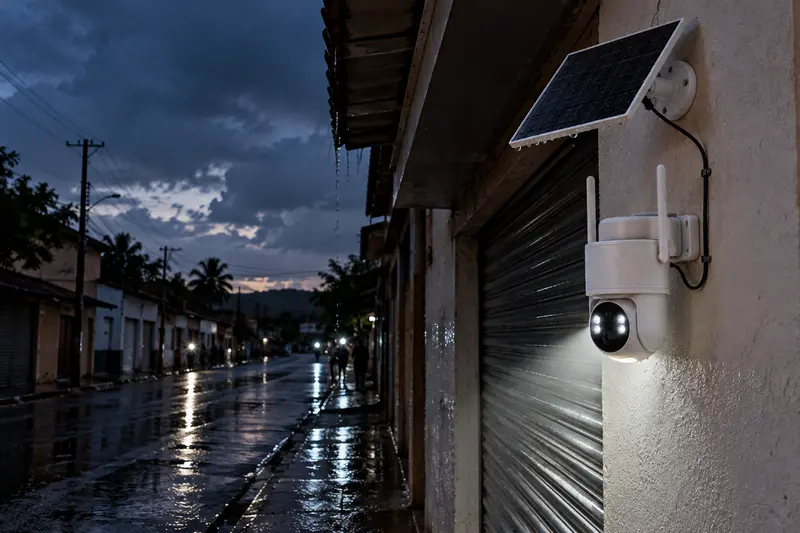 Câmera solar 4G com painel próprio fixada na parede de uma loja numa rua sem luz durante um apagão