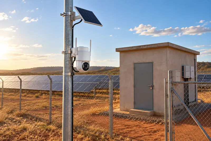 Câmera solar 4G em poste de aço ao lado da casa de inversores de uma usina solar no Nordeste
