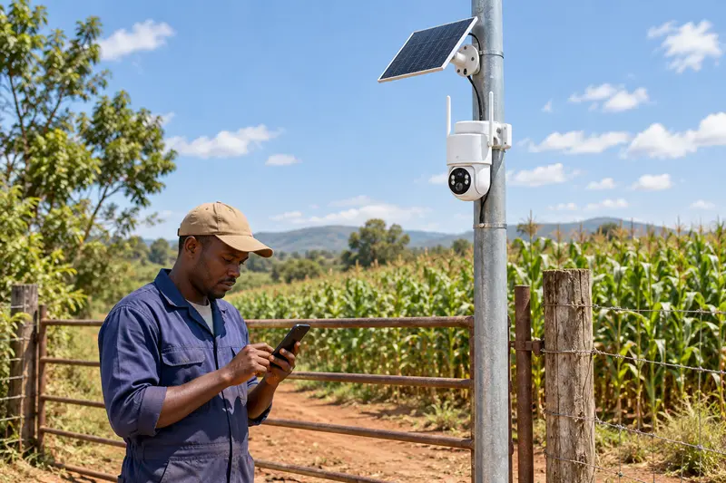 Installer checking a 4G camera offline problem on his phone below a solar PTZ camera and its separate panel on a steel pole at a maize farm gate