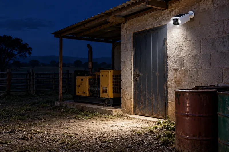 SV-B1 sobre una caseta de generador y tambos de combustible de noche, con sus LED blancos encendidos