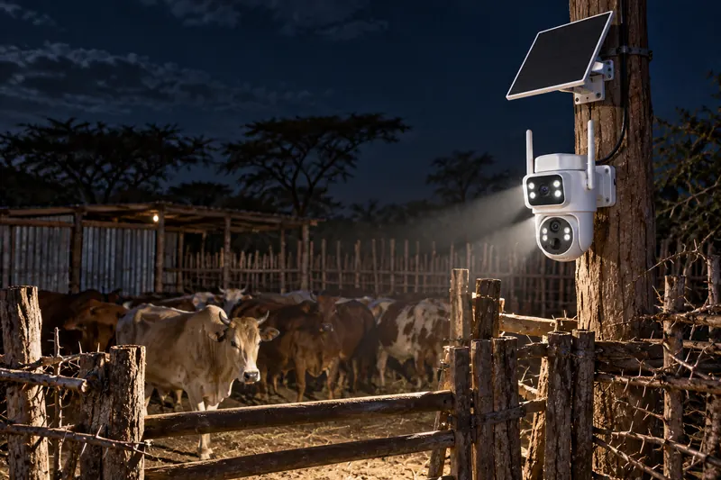 SV-D2 junto a un corral de espino de noche, con sus LED iluminando el portón