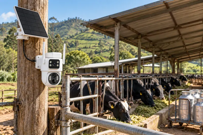 SV-D2 en un poste frente a un establo lechero en zona de montaña, con el panel en lo alto del poste