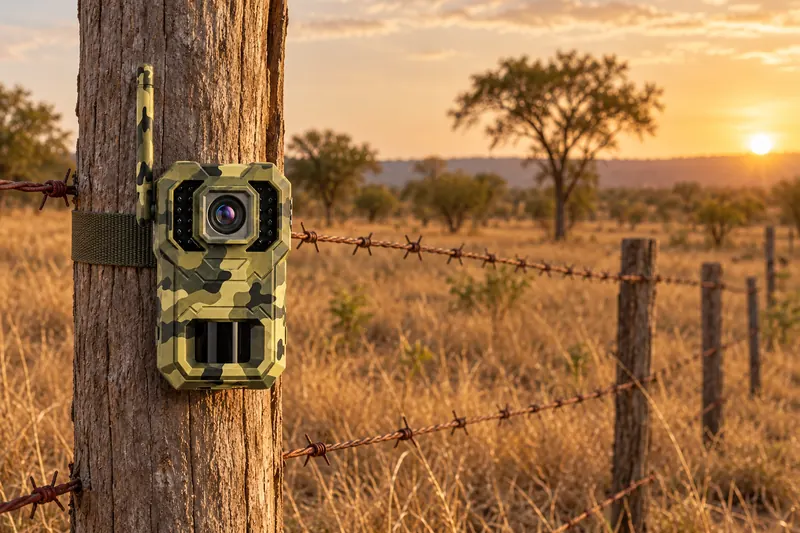 SV-H1 attachée à un poteau de clôture en barbelés dans un pâturage