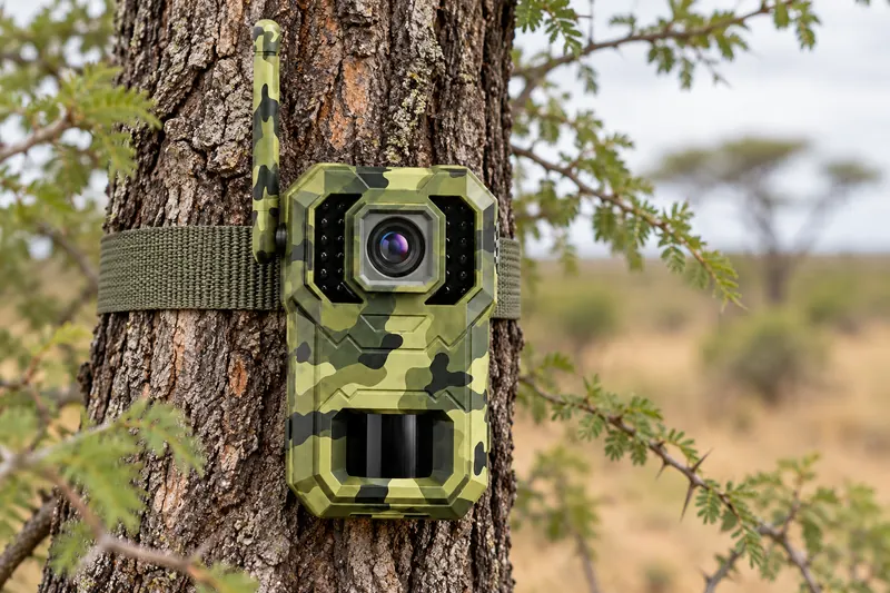 Gros plan de la caméra de chasse SV-H1 camouflée, fixée à un tronc par sa sangle