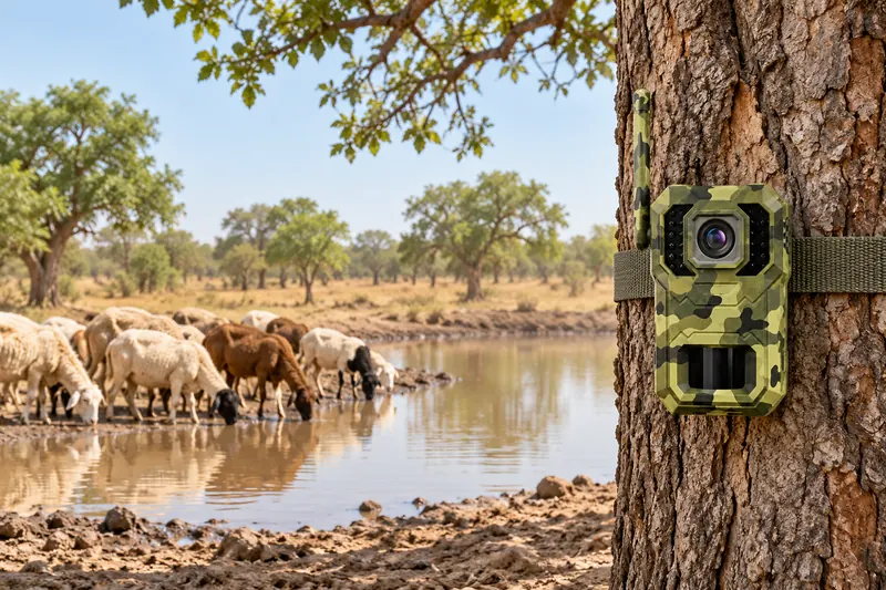 SV-H1 attachée à un arbre face à une petite mare où boivent des moutons