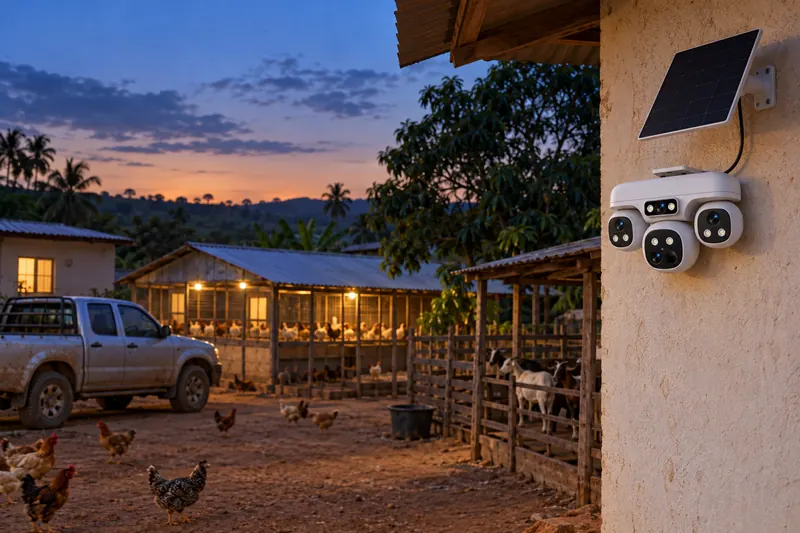SV-M3 en la pared de una casa de finca al atardecer, sobre un gallinero y un corral de cabras