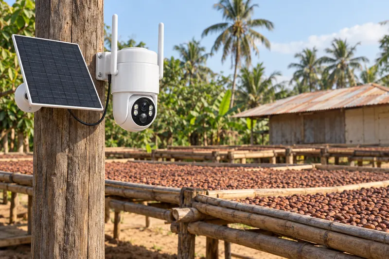 SV-P1 sur un poteau en bois près de séchoirs à cacao dans une petite ferme