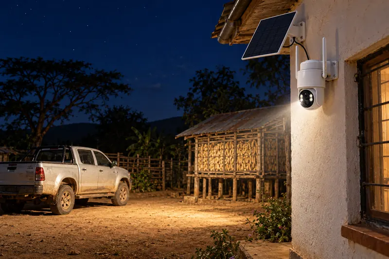 SV-P1 sur le mur d’une maison de ferme la nuit, ses LED blanches éclairant la cour, un pick-up et un grenier à maïs