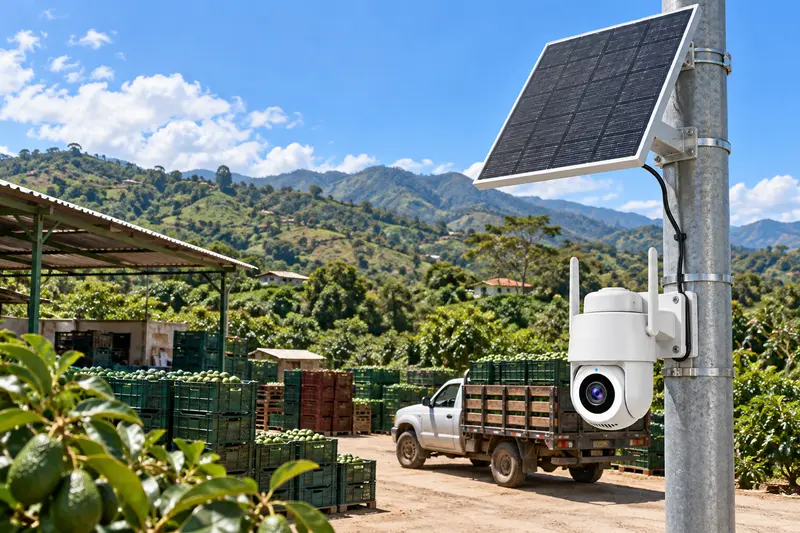 Cámara solar S49-AOV en un poste alto sobre cajas de aguacate apiladas y una camioneta en el patio de una finca en Colombia