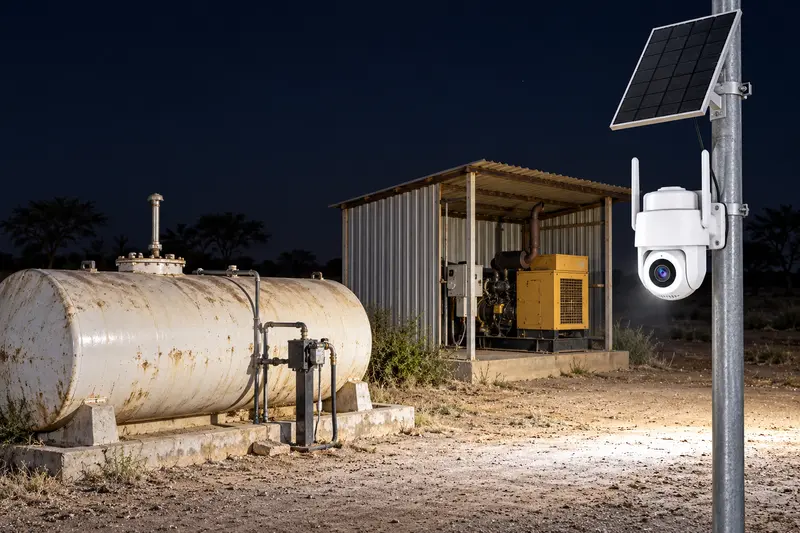 Cámara solar S49-AOV en un poste de acero iluminando en color de noche un tanque de diésel y un cobertizo de generador en el norte de Nigeria