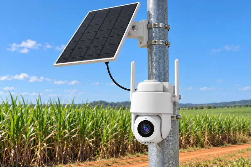 Detalle de la cámara S49-AOV y su panel solar de 7 W sujetos a un poste de acero junto a un cañaveral en Brasil