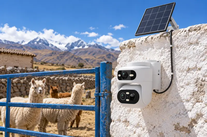 Cámara solar SQ67 en un muro de adobe junto al portón de una finca en la sierra del Perú, con alpacas detrás