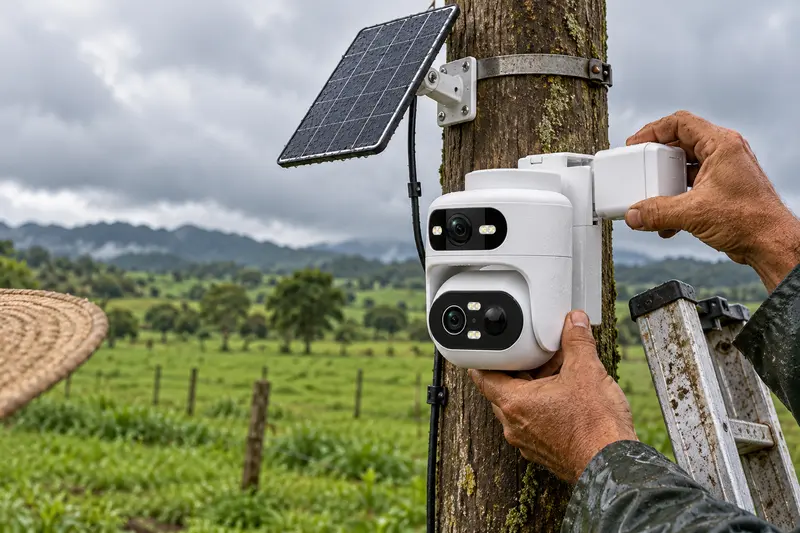 Manos colocando una batería cargada en una cámara solar SQ67 sobre un poste, bajo un cielo de temporada de lluvias en Colombia
