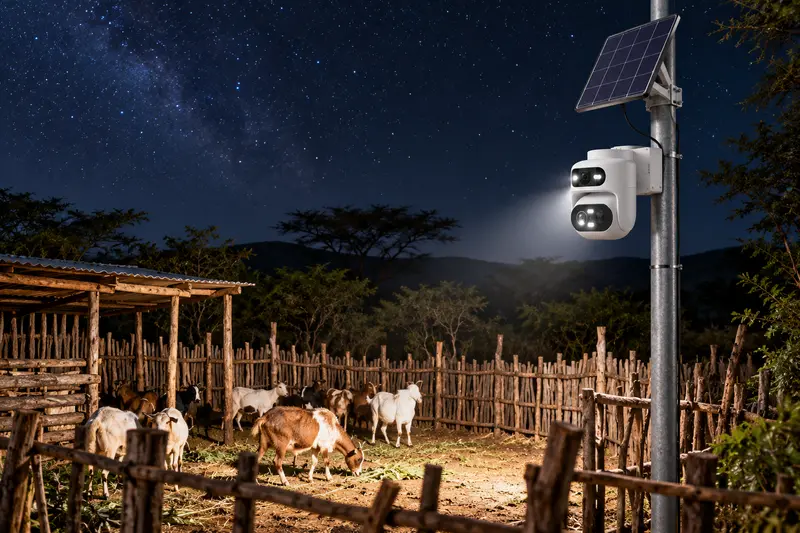 Cámara solar SQ67 en un poste de acero iluminando de noche un corral de cabras en Kenia con sus LED blancos