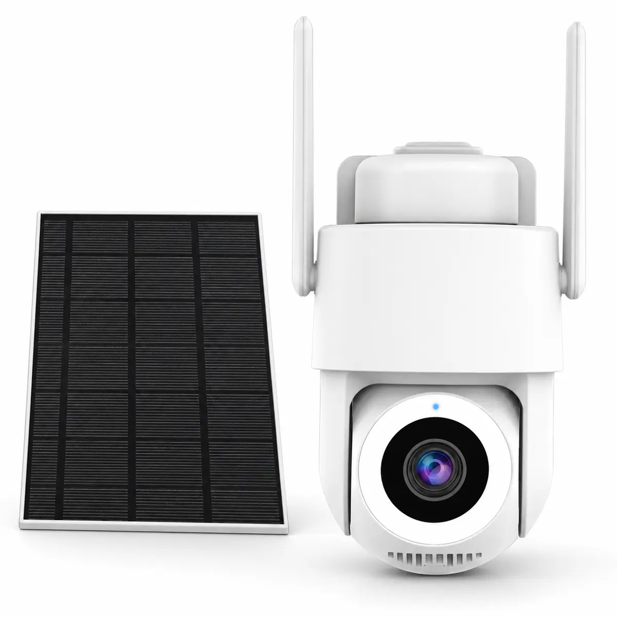 Cámara solar 4G PTZ S49-AOV: cámara giratoria blanca con dos antenas junto a un panel solar negro separado de 7 W