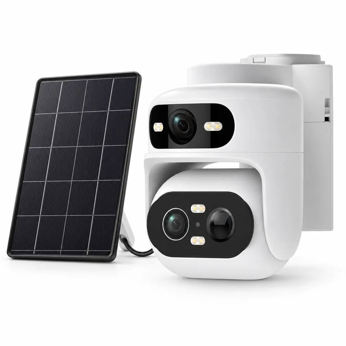 Cámara solar 4G de doble lente SQ67: carcasa blanca con lente superior fija, lente inferior giratoria, caja de batería atrás y un pequeño panel solar separado