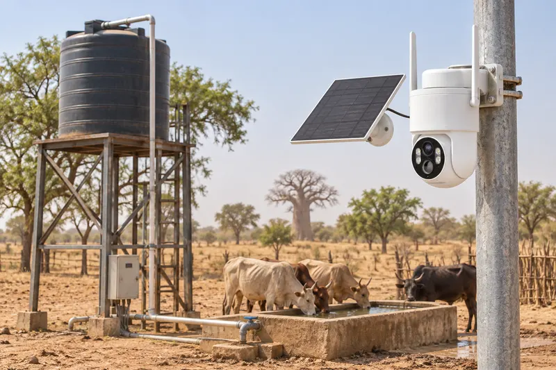 Solar 4G PTZ camera on a steel pole watching a borehole water tank and cattle trough on a farm in northern Nigeria