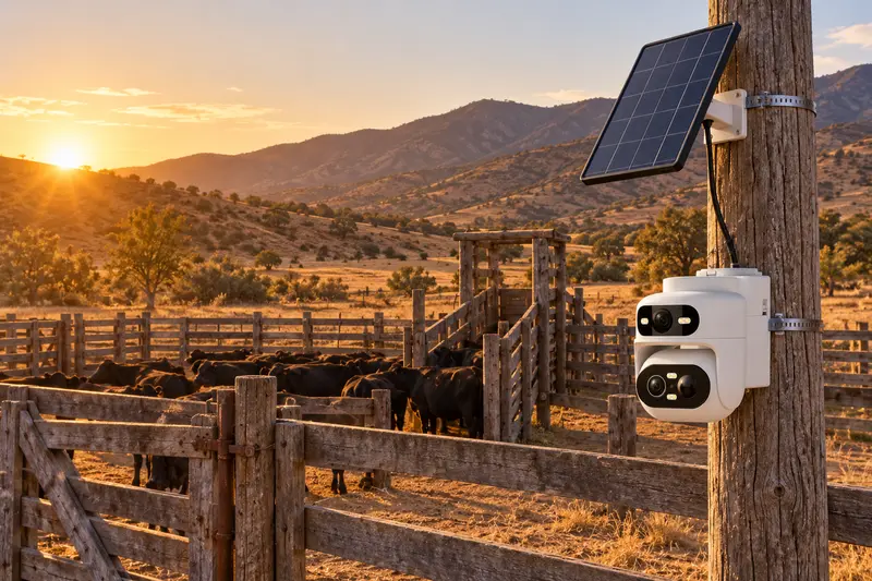 Cámara solar 4G de doble lente SQ67 en un poste de madera junto al portón de un corral en un fundo de la zona central de Chile, con el panel solar sujeto más arriba en el poste