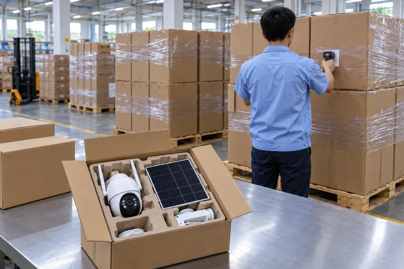 Maboksi ya kusafirisha juu ya pallet ghalani Shenzhen, boksi moja wazi lenye kamera ya sola na paneli yake