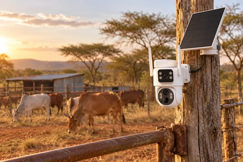 Dual-lens solar 4G camera with its panel on a wooden post at a cattle farm gate in rural Kenya at golden hour