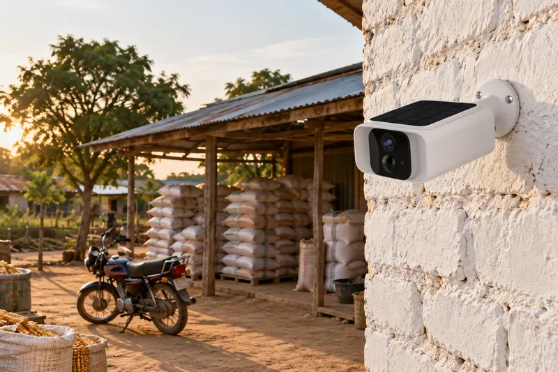 SV-B1 solar 4G bullet camera on the whitewashed wall of a farm store in rural Nigeria, watching sacks of maize and a motorcycle