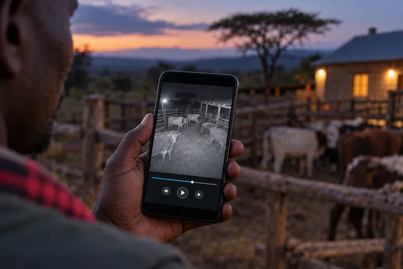 Mfugaji ameshika simu inayoonyesha boma usiku kupitia kamera ya sola ya 4G