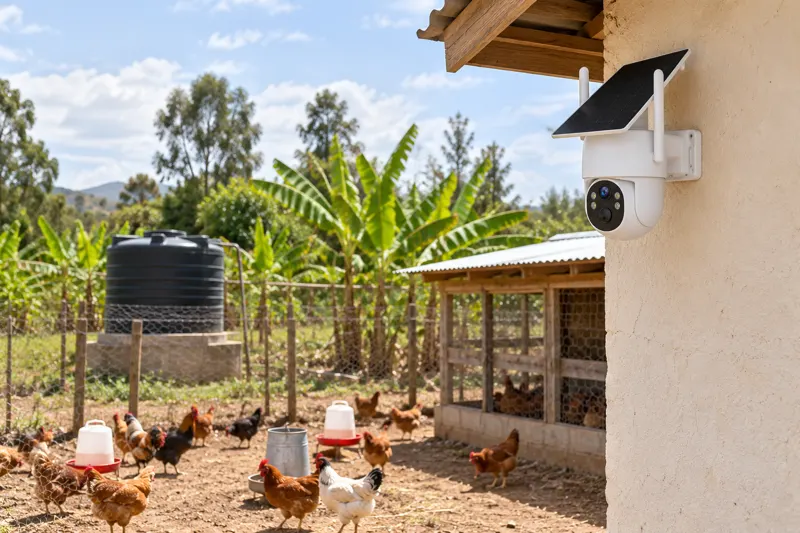 SV-P2 all-in-one solar 4G PTZ camera on the corner of a poultry house in central Kenya, watching free-range chickens