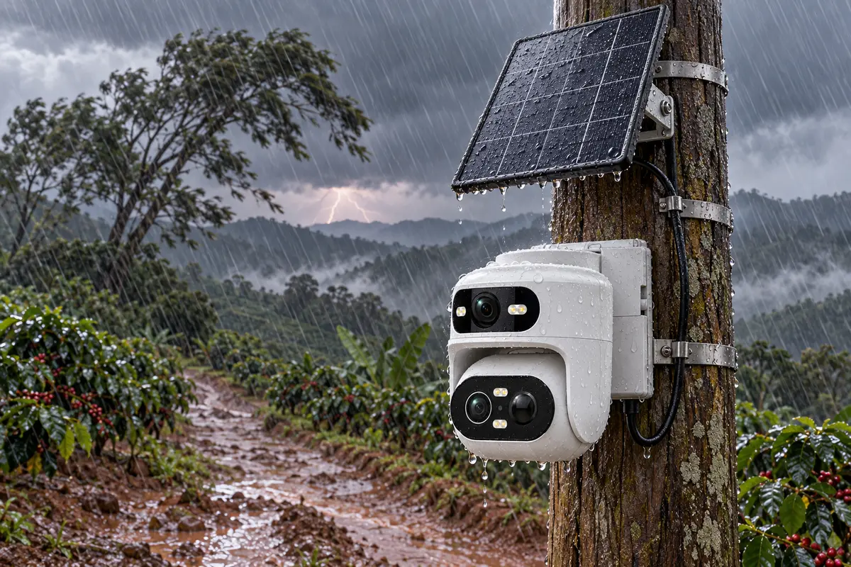 La SQ67 dans une ferme sous un orage tropical, posée avec le panneau face au ciel dégagé.