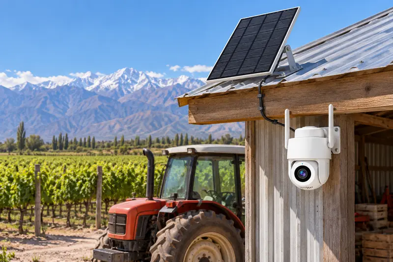 Cámara solar 4G S49-AOV bajo el alero de un galpón de maquinaria en un viñedo de Mendoza, Argentina, con su panel de 7 W en el techo soleado